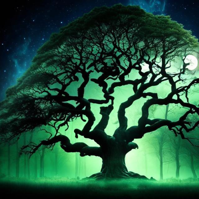 Prompt: A dark green forest. But one huge tree with a hollow in it is in the middle of the forest and is bathed in moonlight. 