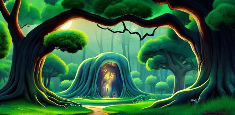 Prompt: A dark green forest. But one huge tree, with a hollow next to it, is in the middle of the forest and is bathed in moonlight. Make it look painted in tonkohouse animation studio’s style. 
