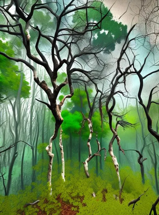 Prompt: Painterly Dark green forest with jagged and cracked trees. Next to it is a smooth hold in the dirt. Make it look like an impressionist painting with lots of texture. 
<mymodel>