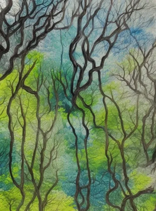 Prompt: Painterly Dark green and blue forest with jagged trees. Make it look like it is drawn with coloured pencil and pastels
<mymodel>