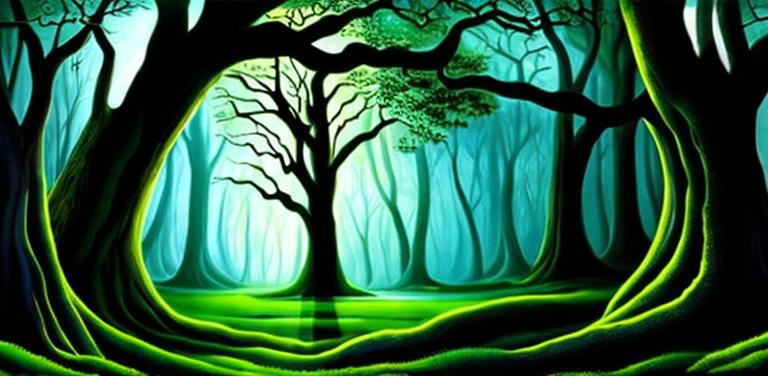 Prompt: A dark green forest. But one huge tree, with a hollow in it, is in the middle of the forest and is bathed in moonlight. Make it a painting