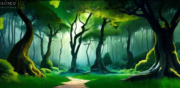 Prompt: A dark green forest. But one huge tree, with a hollow next to it, is in the middle of the forest and is bathed in moonlight. Make it an impressionist painting. Make it look painted in tonkohouse animation studio’s style. 