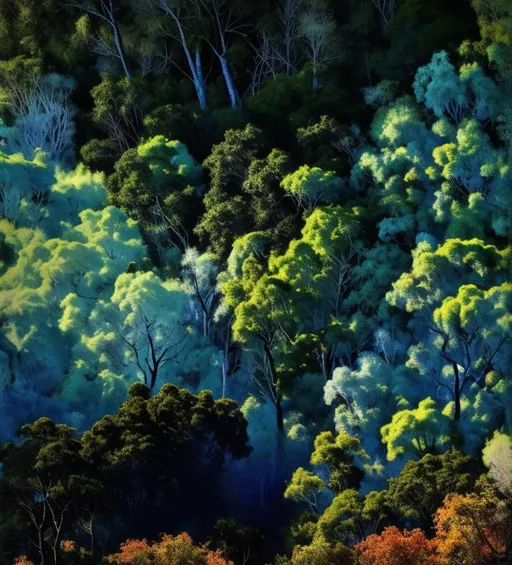 Prompt: Painterly Dark green forest with jagged and cracked trees. Next to it is a smooth hold in the dirt. Make it look like an impressionist painting with lots of texture. The painting perspective is looking at the trees from below. The trees should be bigger at the trunk and thinner at the top. 
<mymodel>