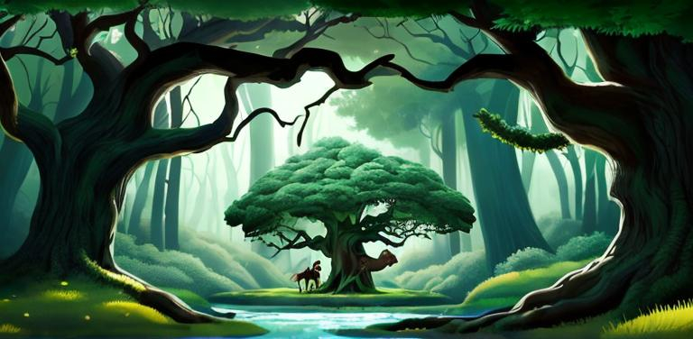 Prompt: A dark green forest. But one huge tree, with a hollow next to it, is in the middle of the forest and is bathed in moonlight. Make it look painted in tonkohouse animation studio’s style. 