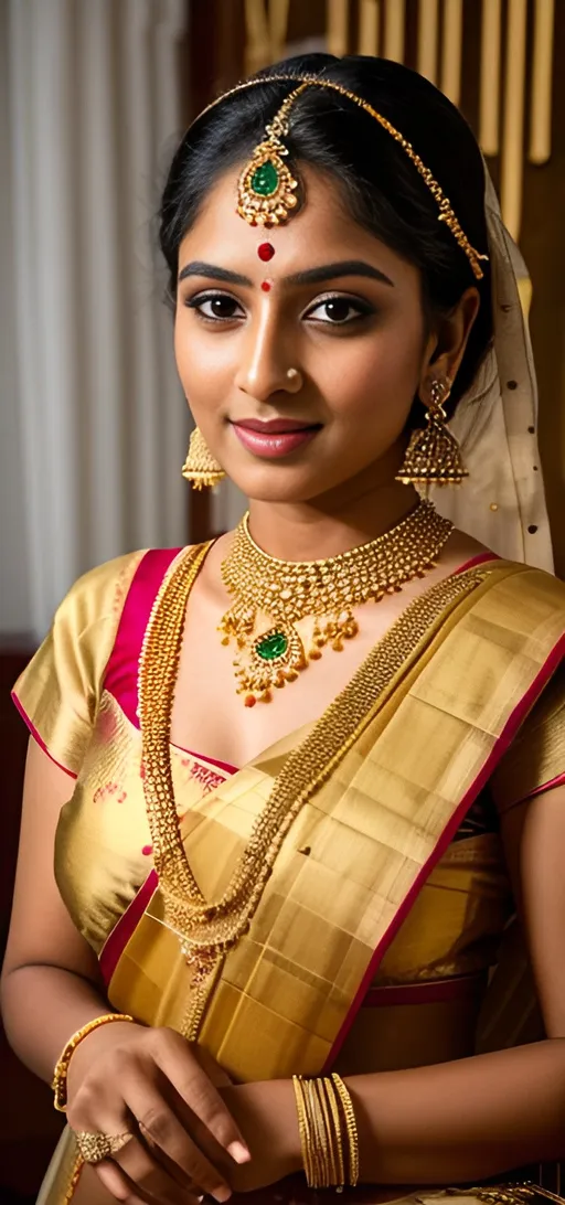 Prompt: Beautiful girl in traditional saree and gold jewelry, detailed facial features, vibrant colors, high quality, realistic, traditional, detailed embroidery, intricate gold jewelry, elegant pose, soft lighting, 