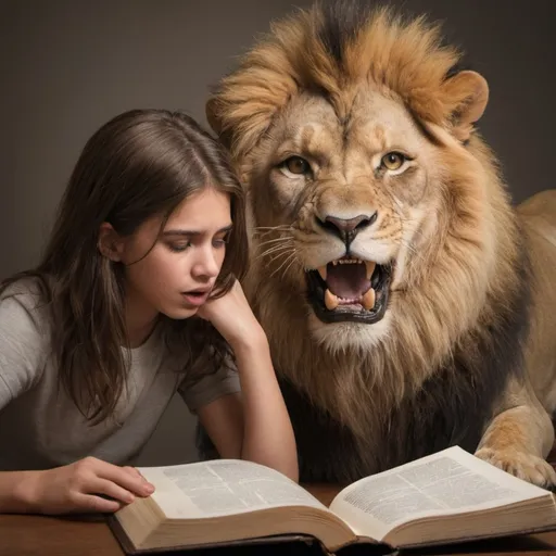 Prompt: create an image of a teenager with a lion's head, roaring while reading the bible. Only the head should be included from the lion