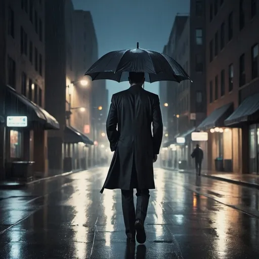 Prompt: A man in a black suit walking away on a rainy city street at night. He holds a black umbrella. The city lights reflect off the wet pavement, and there are blurred outlines of buildings and street lamps in the background. The overall scene is moody and atmospheric, with cool, muted colors like blues and greys.