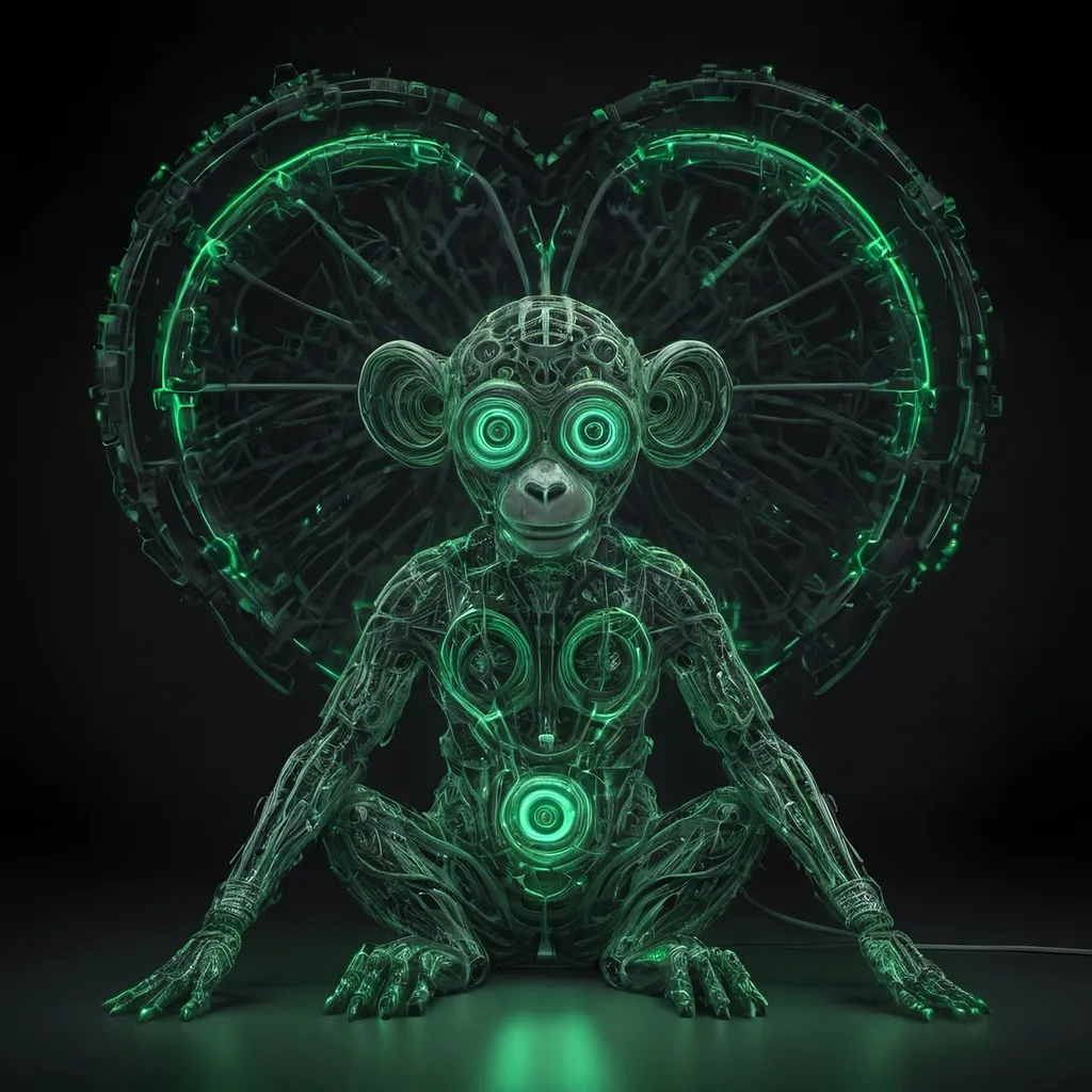 Prompt: Visualize a fantastical light drawing of a cybermonkey, where creativity and technology merge in a dazzling display. The cybermonkey's form is outlined with neon purple light, while its interior is a complex network of glowing green circuits and gears, constantly shifting and rearranging. Its body is partially translucent, revealing the inner workings of its mechanical heart. The eyes are bright green lasers, scanning the environment with an intelligent, almost playful curiosity. The limbs are composed of flexible, segmented light rods, allowing for agile and fluid movements. Surrounding the cybermonkey are floating holographic panels and digital symbols in green, creating a sense of a high-tech, virtual environment. This light drawing captures the essence of a futuristic, imaginative cybermonkey, blending fantasy and technology in a stunning visual spectacle.
































