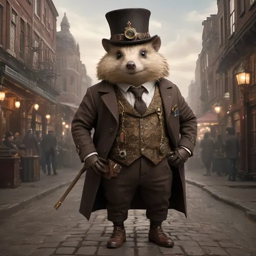 Prompt: hyper-realistic 8K movie scene featuring a cute, fat hedgehog dressed in an impeccably tailored Victorian brown suit, standing in a mesmerizing steampunk-inspired city. The hedgehog is adorably plump, wearing a finely detailed brown frock coat, a crisp white shirt with an elegantly high collar, and a dark brown waistcoat adorned with an intricately designed gold pocket watch chain. It sports perfectly fitting, polished brown leather shoes and clutches a polished wooden walking stick with an ornate silver handle. The hedgehog also dons a classic black hat, adding to its distinguished appearance. The background showcases a bustling cityscape teeming with intricate gears, steam-powered machinery, and airships gracefully floating in the sky. The blend of Victorian and futuristic architectural elements creates a captivating and visually stunning steampunk environment, with atmospheric lighting and richly detailed textures that bring the scene to life.














