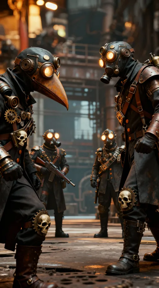 Prompt: make these 2 troops go against each other. wide shot. ones wearing the beak mask from the left and the other wearing gas mask from the right