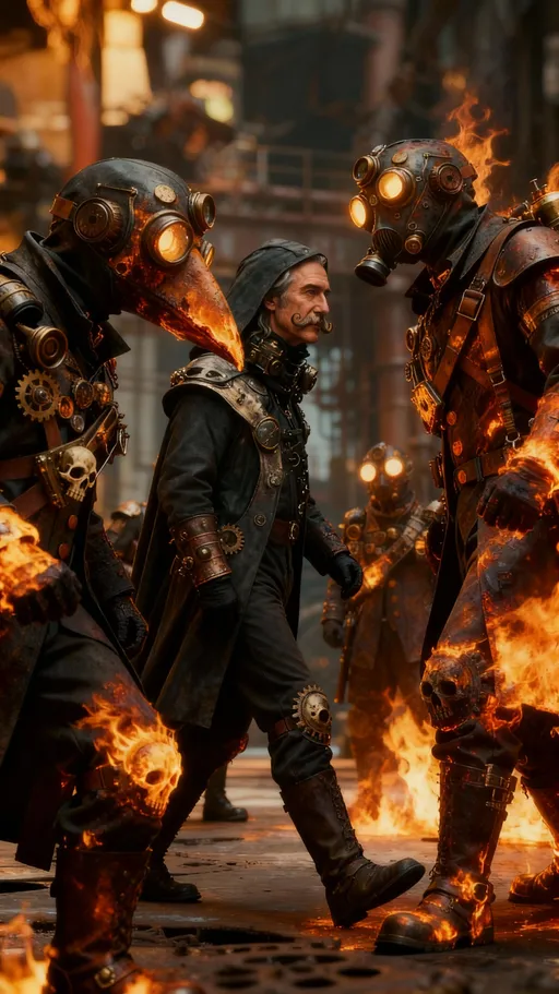 Prompt: Make the man with the mustache walk casually and confidently among the burning troops. Side profile view