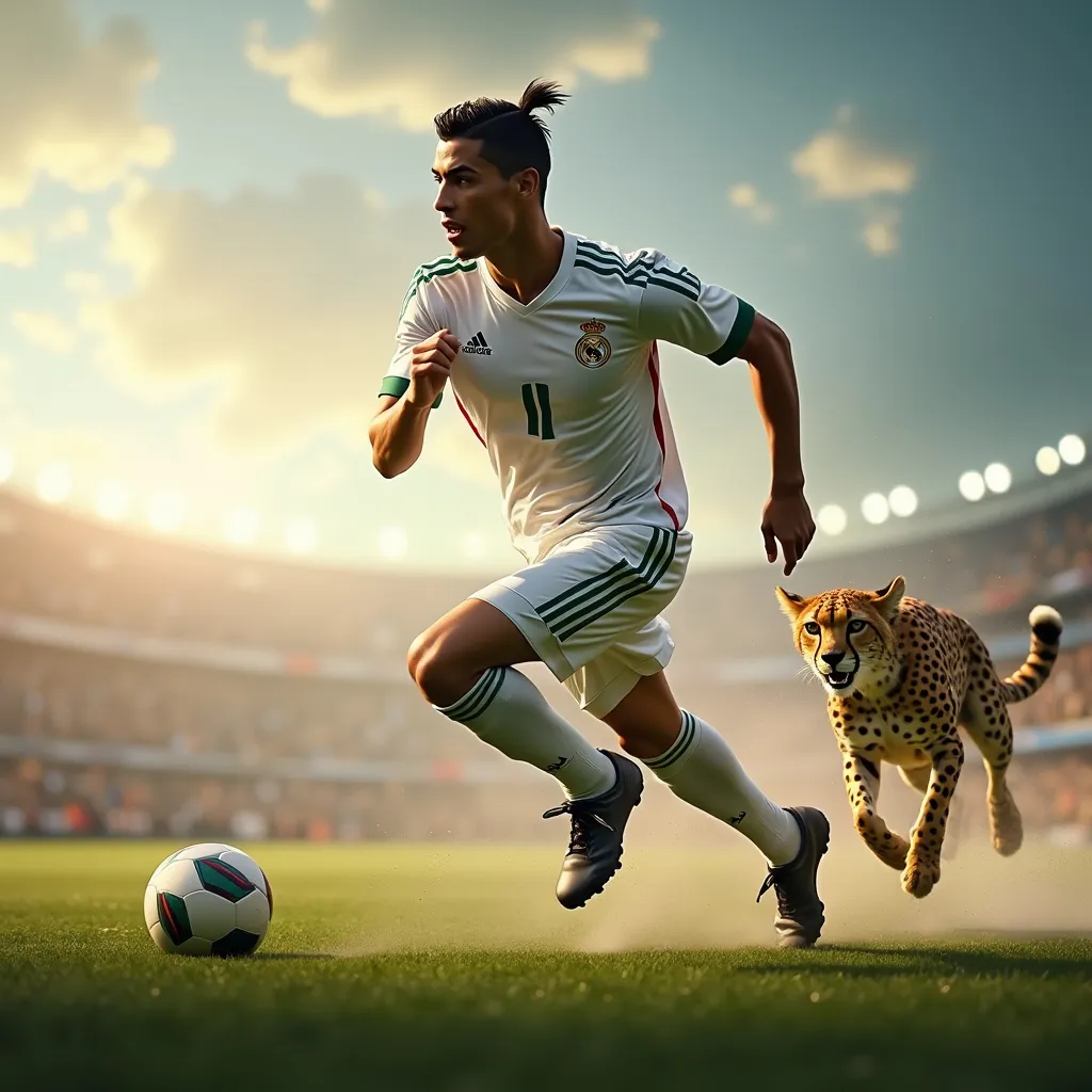 Prompt: Realistic image of Cristiano Ronaldo sprinting on a football field at full speed, motion blur on legs, intense facial expression, cheetah ghosted in background to show speed comparison, dramatic sky, 8k, hyper realistic

