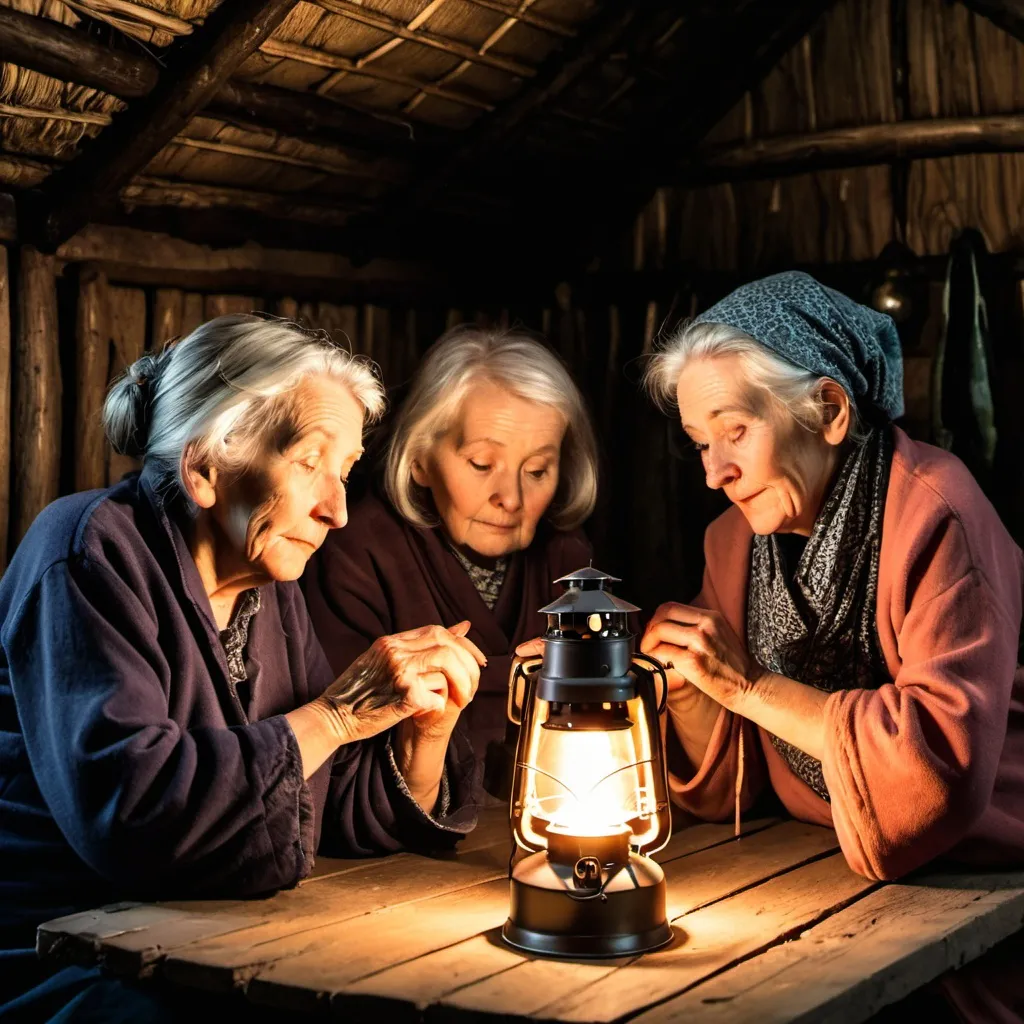 Prompt: Two old women sat looking at the lantern on the table in the hut.