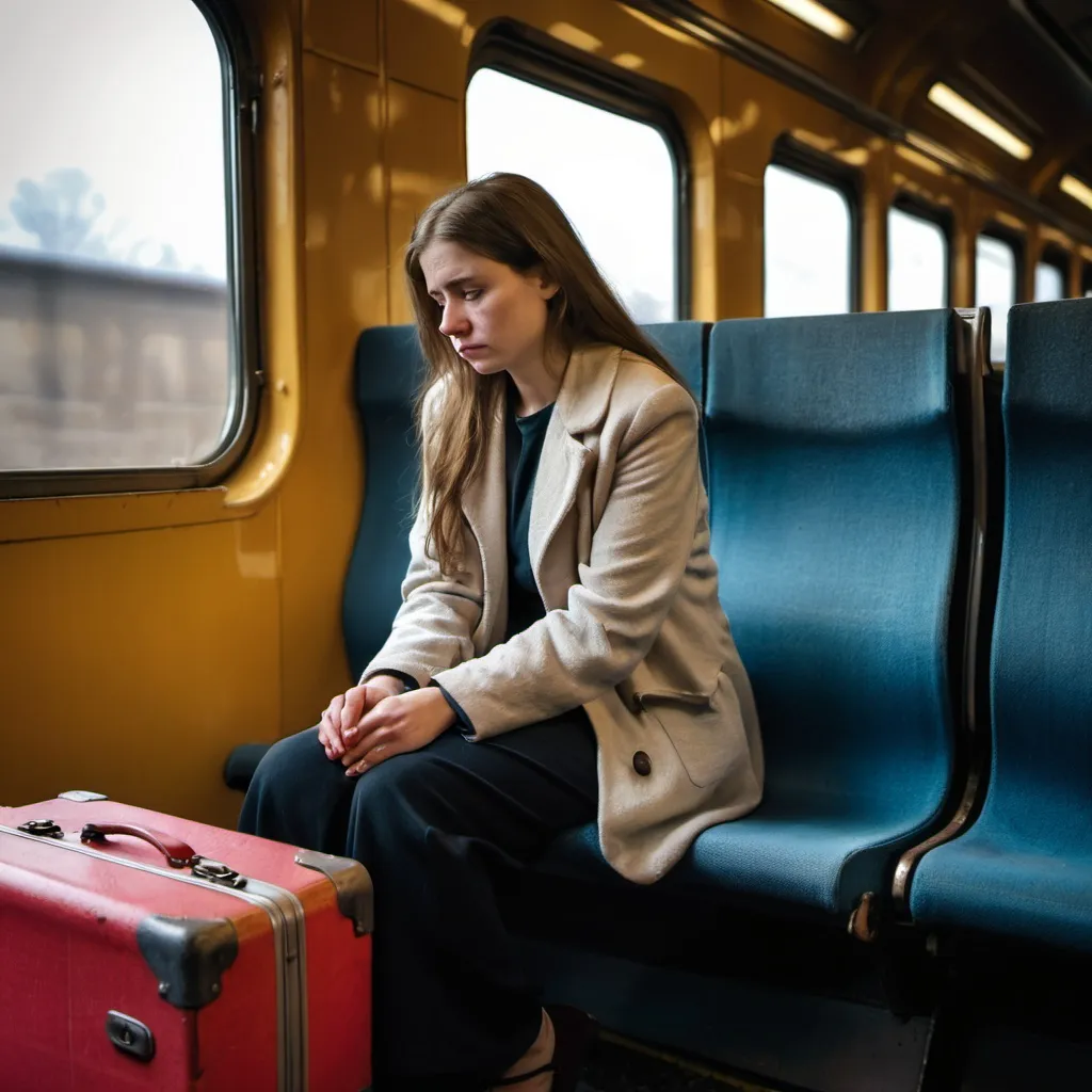 Prompt: A woman sits sadly near the train window. On the seat next to her was an old suitcase.