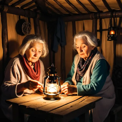 Prompt: Two old women sat looking at the lantern on the table in the hut.