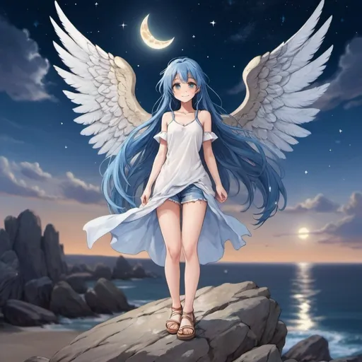 Prompt: Make an beautiful girl setting at a rock looking towards the camera give her wings and blue long hair and make her look like an angel and make the background an beautiful sky with stars and a moon make her smile and make  her an anime character and give her sandles 