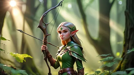 Prompt: Elf ranger in a mystical forest around sunlight