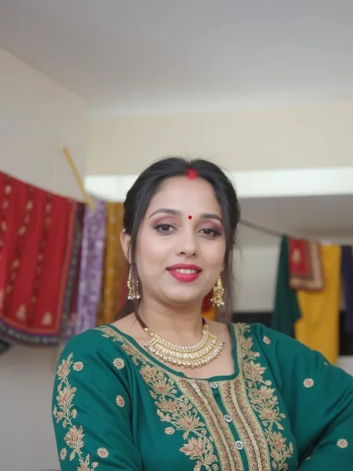 Prompt: Draped in an elegant green saree adorned with intricate golden embroidery, a woman poses confidently, showcasing a blend of traditional beauty and modern charm. Her hair is neatly styled, with a decorative red bindi accentuating her forehead, while gold jewelry, including a statement necklace and matching earrings, adds a touch of sophistication. The background includes a glimpse of colorful fabrics hanging on a line, hinting at a vibrant indoor setting that feels both personal and lively. Soft lighting bathes the scene, enhancing the warm tones of her attire, which harmonizes with the overall festive atmosphere. The expression on her face conveys a sense of pride and joy, embodying the celebration of culture and individuality.