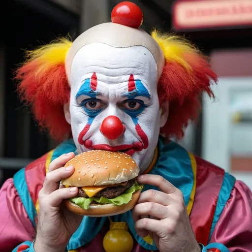 Prompt: Sad clown eating a burger