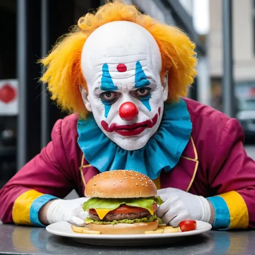 Prompt: Sad clown eating a burger