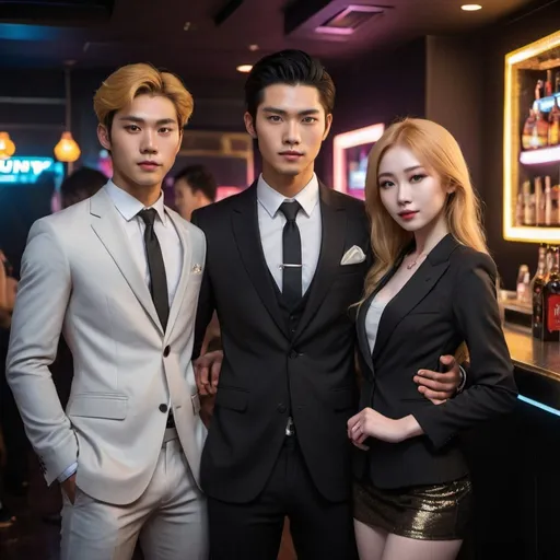 Prompt: a young attractive asian man, with dark hair, golden eyes, and pale skin, wearing a stylish three-piece suit. Standing in a night club, holding a 19 year old asian girl, with strawberry blonde hair, golden eyes, and pale skin, wearing a dark stylish outfit.