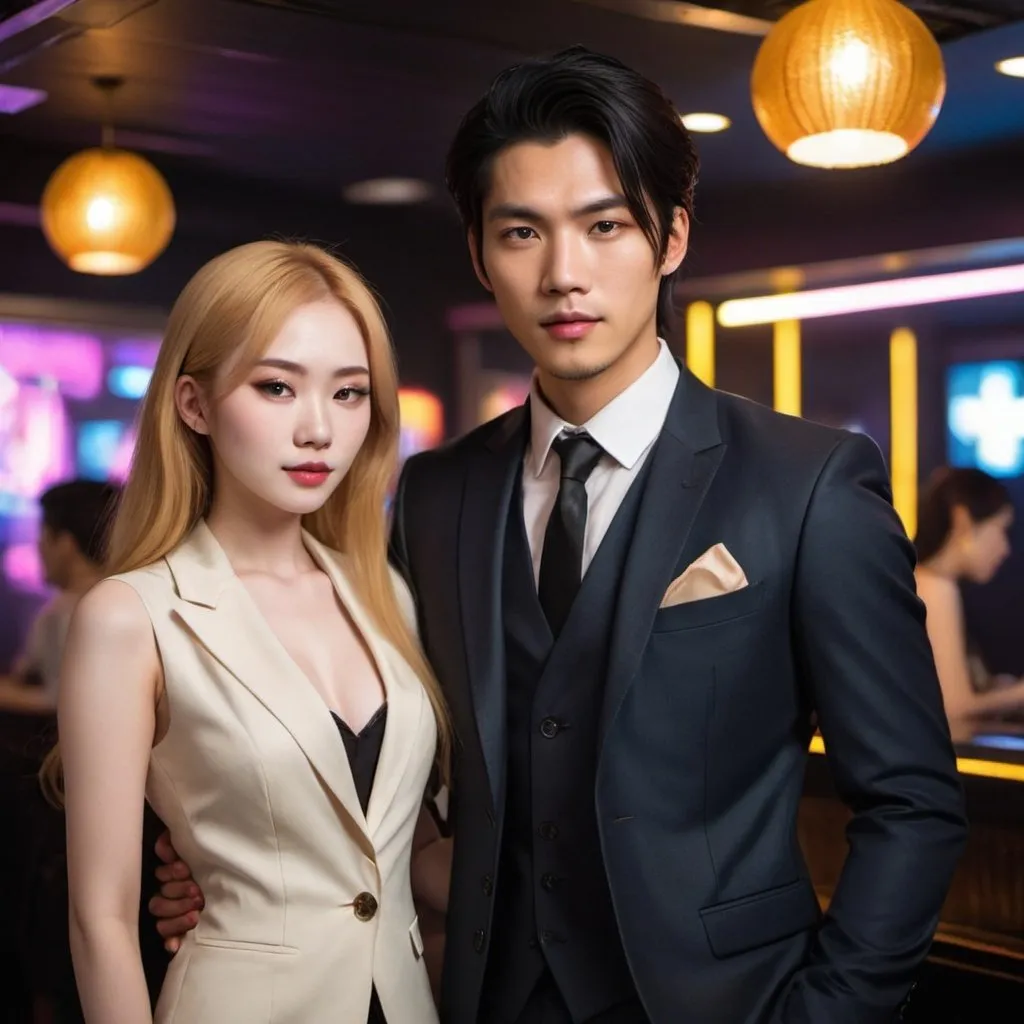 Prompt: a young attractive asian man, with dark hair, golden eyes, and pale skin, wearing a stylish three-piece suit. Standing in a night club, holding a 19 year old asian girl, with strawberry blonde hair, golden eyes, and pale skin, wearing a dark stylish outfit.