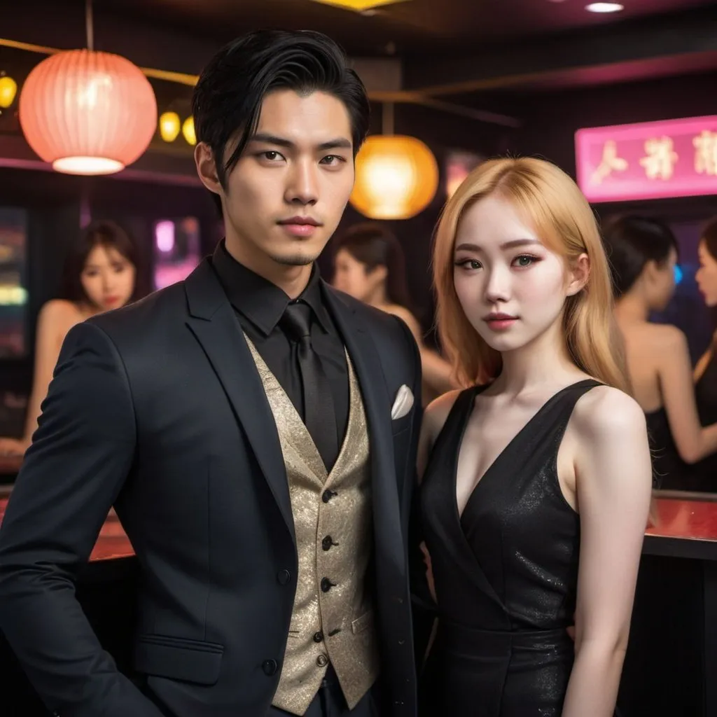 Prompt: a young attractive asian man, with dark hair, golden eyes, and pale skin, wearing a stylish three-piece suit. Standing in a night club, holding a 19 year old asian girl, with strawberry blonde hair, golden eyes, and pale skin, wearing a dark stylish outfit.