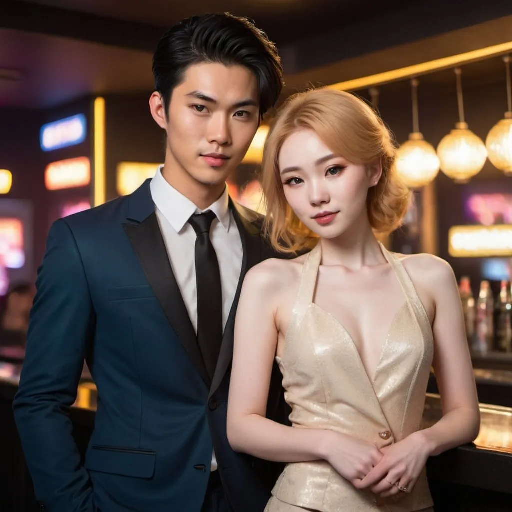 Prompt: a young attractive asian man, with dark hair, golden eyes, and pale skin, wearing a stylish three-piece suit. Standing in a night club, holding a 19 year old asian girl, with strawberry blonde hair, in an updo, golden eyes, and pale skin, wearing a stylish outfit.