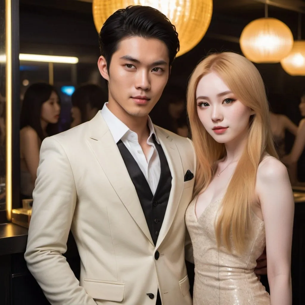 Prompt: a young attractive asian man, with dark hair, golden eyes, and pale skin, wearing a stylish three-piece suit. Standing in a night club, holding a 19 year old asian girl, with strawberry blonde hair, golden eyes, and pale skin, wearing a stylish outfit.