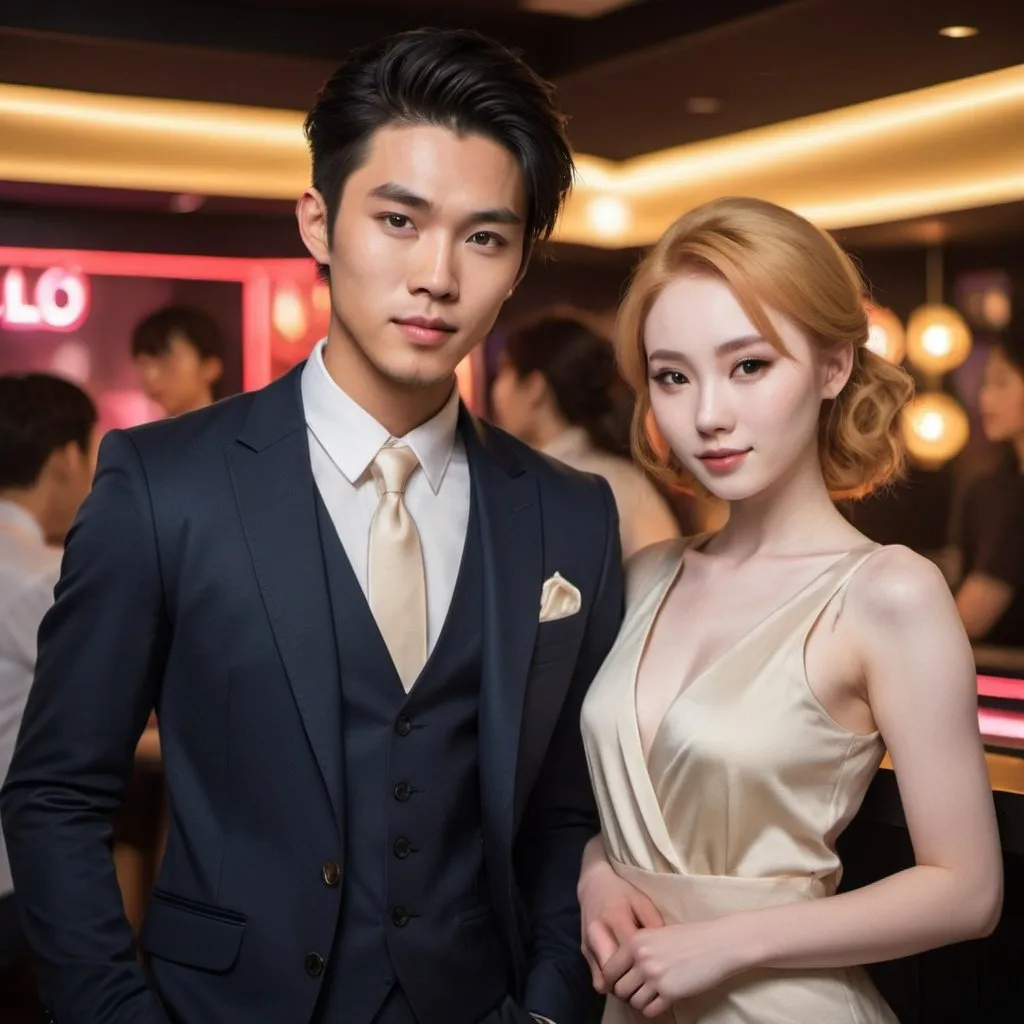 Prompt: a young attractive asian man, with golden eyes, and pale skin, wearing a stylish three-piece suit. Standing in a night club, holding a 19 year old asian girl, with strawberry blonde hair in an updo, golden eyes, and pale skin, wearing a stylish outfit.