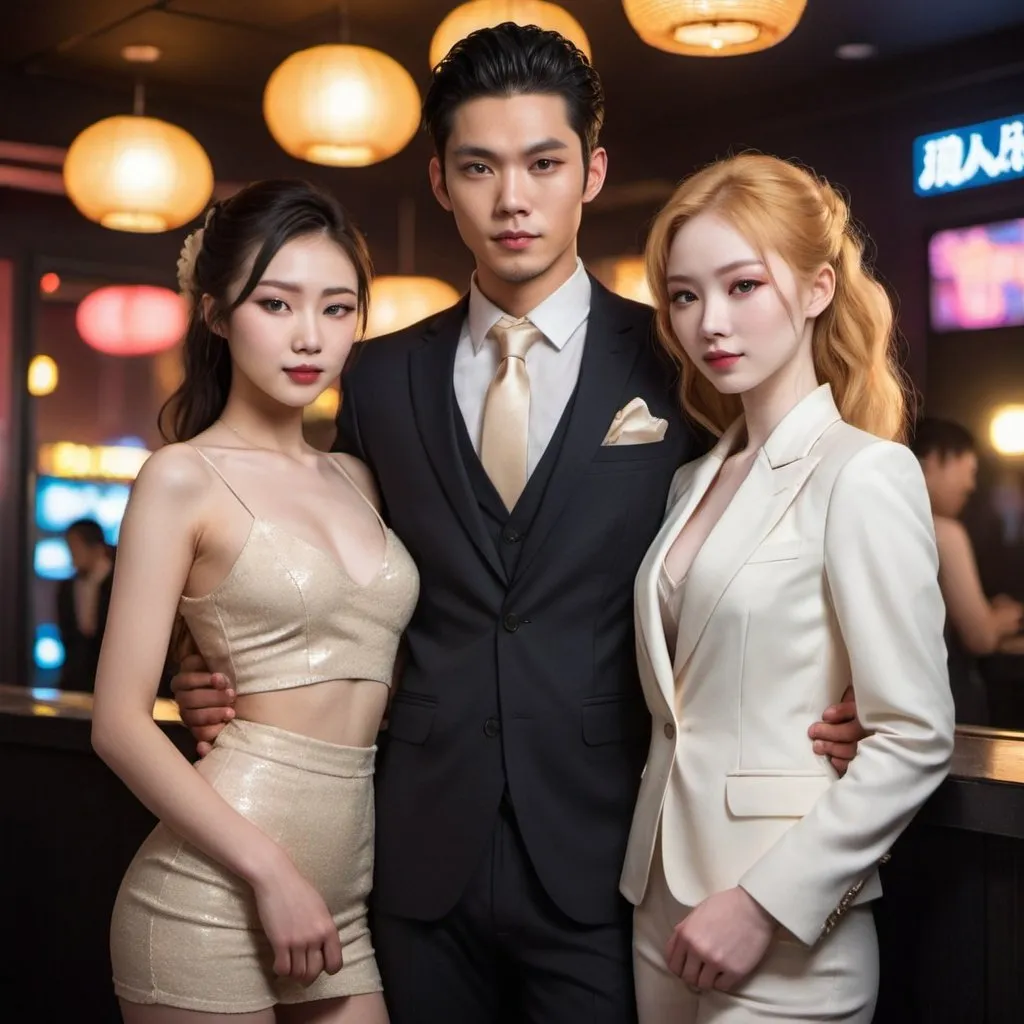 Prompt: a young attractive asian man, with dark hair, golden eyes, and pale skin, wearing a stylish three-piece suit. Standing in a night club, holding a 19 year old asian girl, with strawberry blonde hair, in an updo, golden eyes, and pale skin, wearing a stylish outfit.