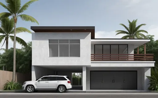 Prompt: a car parked in front of a house with palm trees around it , Basuki Abdullah, photorealism, realistic render, a digital rendering style modern tropical