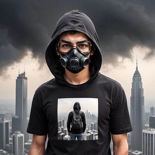 Prompt:  male photographer  with black mask with hooda with camera side his shouder,dark horizon form top of skyscraper 