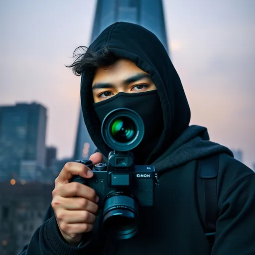 Prompt:  male photographer  with black mask holding a camerain front of dark  horizon form skyscraper