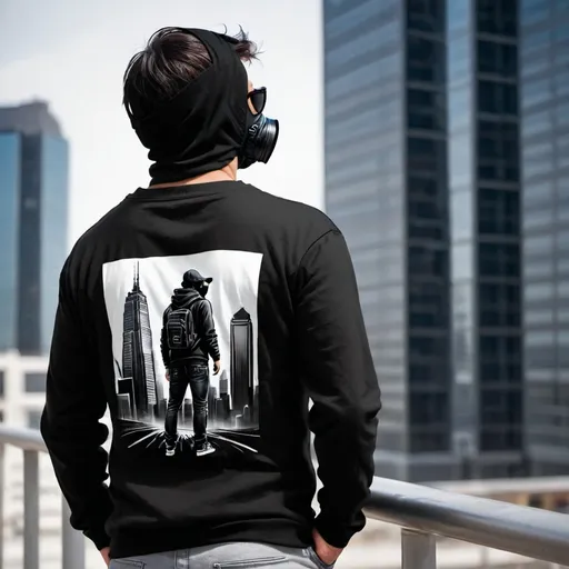 Prompt: back of male photographer  with black mask with sweatshirt with camera side his shouder, form top of skyscraper 