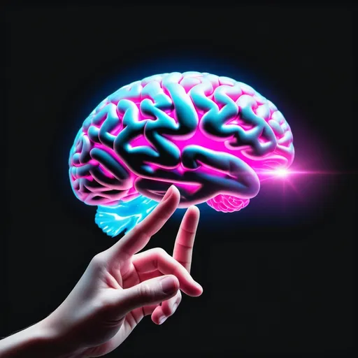 Prompt: a hand pointing at a glowing brain on a black background with a blue and pink light coming out of it, Ai-Mitsu, les automatistes, cybernetics, a stock photo