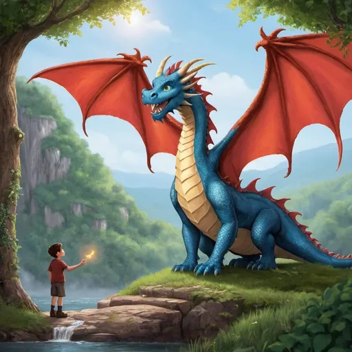 Prompt: create juvenille art for story -- Title: Eddie and His Dragon: A Tale of Love and Friendship

Once upon a time in a faraway land,
Lived a boy named Eddie, so kind and so grand.
With eyes full of wonder and a heart full of cheer,
He dreamt of adventures, both far and near.

But Eddie was special, not like you or me,
For he had a friend who filled him with glee.
A dragon named Spark, with scales bright and bold,
Together they soared, both fearless and bold.

Their friendship was magic, pure and true,
They laughed and they played in skies so blue.
Through valleys and forests, they'd happily roam,
Their bond growing stronger, far away from home.

In the kingdom of dreams, where love conquers all,
Eddie and Spark were heroes, standing tall.
They helped those in need with their courage so bright,
Spreading love and kindness, both day and night.

In times of trouble, they'd never despair,
For love was their strength, beyond compare.
With every adventure, their friendship would grow,
United forever, with hearts all aglow.

So remember dear children, wherever you go,
Love is the magic that helps you to grow.
Just like Eddie and Spark, in stories untold,
Let love be your guide, as you journey through bold.

With hearts full of love and skies ever blue,
Eddie and Spark share their tale with you.
For in the land of imagination, where dreams take flight,
Love is the power that makes everything right.
