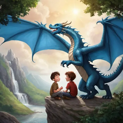 Prompt: create juvenille art for story -- Title: Eddie and His Dragon: A Tale of Love and Friendship

Once upon a time in a faraway land,
Lived a boy named Eddie, so kind and so grand.
With eyes full of wonder and a heart full of cheer,
He dreamt of adventures, both far and near.

But Eddie was special, not like you or me,
For he had a friend who filled him with glee.
A dragon named Spark, with scales bright and bold,
Together they soared, both fearless and bold.

Their friendship was magic, pure and true,
They laughed and they played in skies so blue.
Through valleys and forests, they'd happily roam,
Their bond growing stronger, far away from home.

In the kingdom of dreams, where love conquers all,
Eddie and Spark were heroes, standing tall.
They helped those in need with their courage so bright,
Spreading love and kindness, both day and night.

In times of trouble, they'd never despair,
For love was their strength, beyond compare.
With every adventure, their friendship would grow,
United forever, with hearts all aglow.

So remember dear children, wherever you go,
Love is the magic that helps you to grow.
Just like Eddie and Spark, in stories untold,
Let love be your guide, as you journey through bold.

With hearts full of love and skies ever blue,
Eddie and Spark share their tale with you.
For in the land of imagination, where dreams take flight,
Love is the power that makes everything right.
