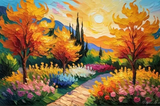 Prompt: Lively sunset garden with vibrant floral blooms, picturesque trees, Van Gogh color palette, oil painting, impressionist style, warm golden lighting, dynamic brushstrokes, high quality, vibrant colors, lively atmosphere, blooming flowers, sunset, picturesque trees, oil painting, impressionist, dynamic brushstrokes, warm lighting