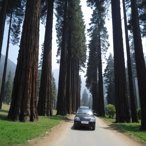 Prompt: Car passing through Deodar trees in hilld beutifull adventour