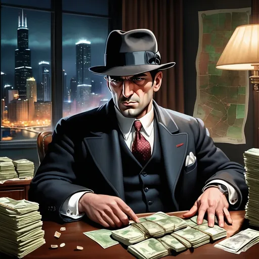 Prompt: Grim looking Mafia Boss sitting behind a desk. He wears a classica borsalino hat. Large stacks of dollar notes on the table. Dark Room with only a single lamp above the mafia boss. Window in the background with a city by night. Large map of the city behin the mafia boss on the wall. Scene is set in the 1930s in Chicago. Low level of detail toughout the image.
Style looks handpainted with visible brushstrokes in the flat areas. Lower details in the flatter areas of the image. Increased contrast of the contours. 