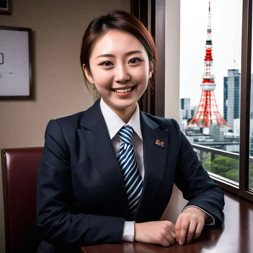 Prompt:  Tokyo tower outside the window and in the night she smiles to tell
