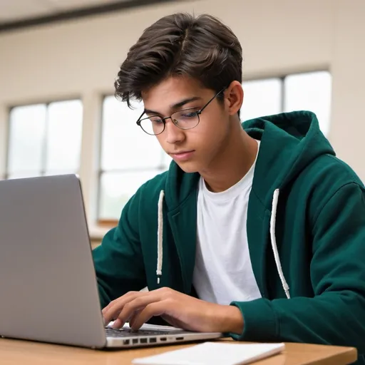 Prompt: create an image of a male high school student studying on a laptop

