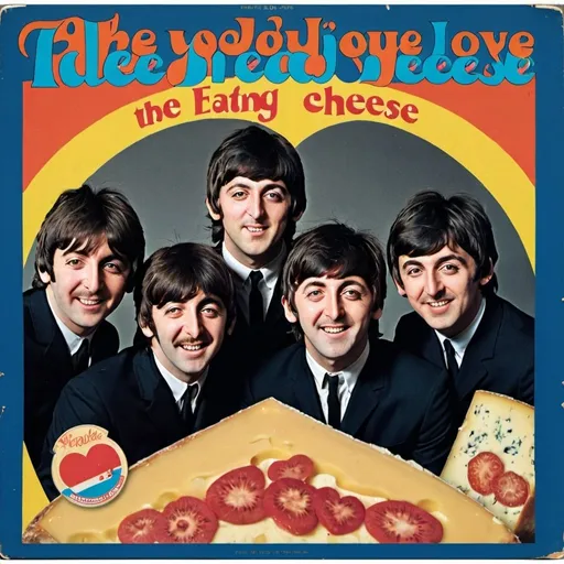 Prompt: "all you need is love" record album jacket from "the beatles"  eating french cheese