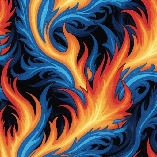 Prompt: (abstract pattern design), half (blue flames), half (traditional flames), vibrant colors, cool and warm tones contrasted, dynamic flow, intricate details in fire textures, visually captivating, high-energy composition, high quality, ultra-detailed, evokes a sense of movement and engulfing warmth, suitable for a bold artistic representation.