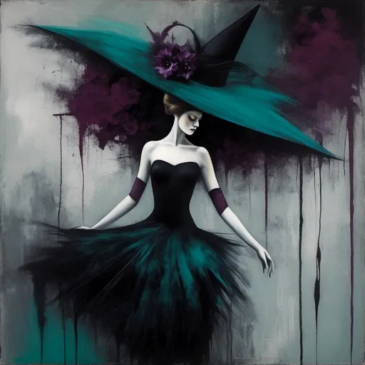 Prompt: <mymodel> A minimal surreal, Gothic noir painting of a ballerina or a witch, reflecting the user's preference for dark, mysterious, and elegant imagery with a touch of surrealism. black, teal and plum