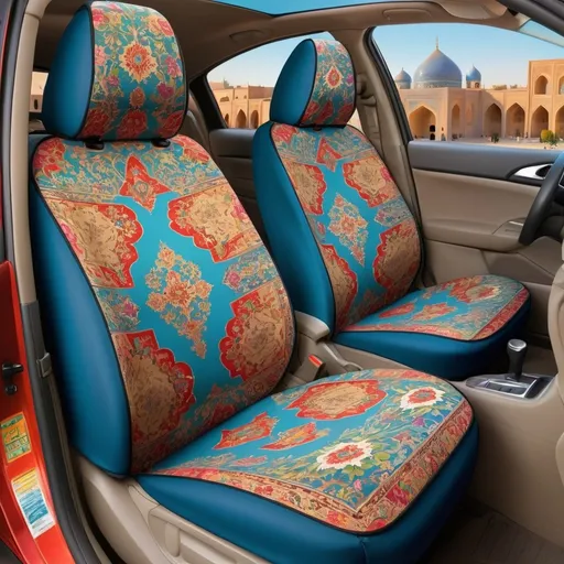 Prompt: (Isfahan city view), intricate (car seat covers) with floral patterns, showing traditional Persian design elements, vibrant color tones, warm and inviting atmosphere, ancient architecture in the background, high-quality details, ultra-detailed, enhancing the cultural richness of the scene, evokes a sense of heritage and creativity, modern twist on classic styles.