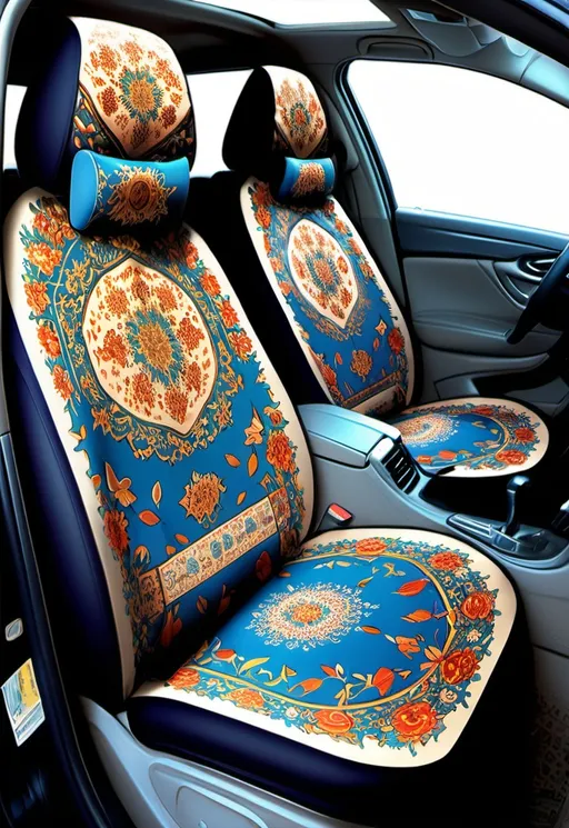 Prompt: (View of Isfahan city), complex (car seat cover) with floral motifs, display of traditional Iranian design elements, vibrant colors, warm and pleasant atmosphere, ancient architecture in the background, high-quality details, s, increasing the cultural richness of the scene, It evokes a sense of heritage and creativity, a modern twist on  logo for the company parvazeh, a brand that is producing products for the market and is also producing products for the public,