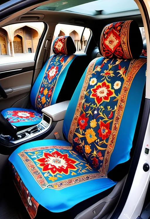 Prompt: (View of Isfahan city), complex (car seat cover) with floral motifs, display of traditional Iranian design elements, vibrant colors, warm and pleasant atmosphere, ancient architecture in the background, high-quality details, extraordinary details, increasing the cultural richness of the scene, It evokes a sense of heritage and creativity, a modern twist on classic styles, embroidered. The logo for the company flying, a brand that is producing products for the market and is also producing products for the public,