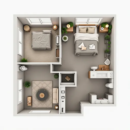 Prompt: Elegant 36 square meter floor plan, efficient layout, featuring 2 cozy bedrooms, modern rest room, stylish furniture placement, warm and inviting color scheme, natural light streaming through windows, minimalist design, functional spaces, ultra-detailed 3D visualization, high-quality floor plan, optimal use of space, architectural layout, clean lines.